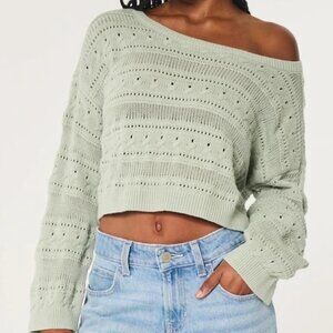 Hollister Women Crochet Sweater Cropped Off Shoulder Boat Neck Boho Sage Green M